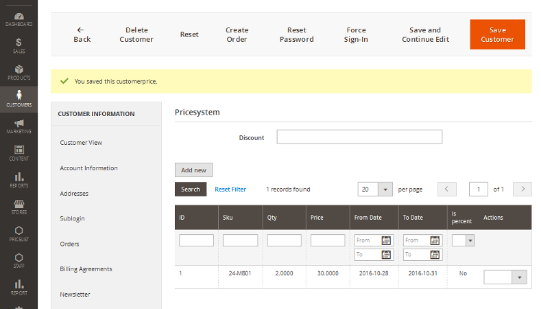 Pricesystem Admin - Customer price for product is added