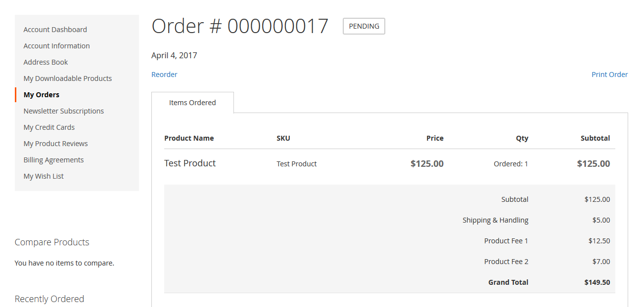 Productfee - Order view frontend