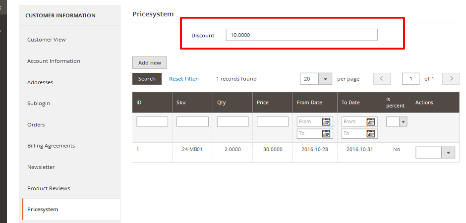 Pricesystem Customer Discount