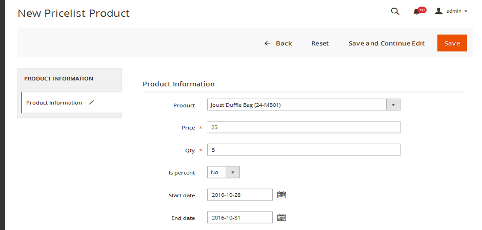 Pricesystem Admin - Add product to pricelist