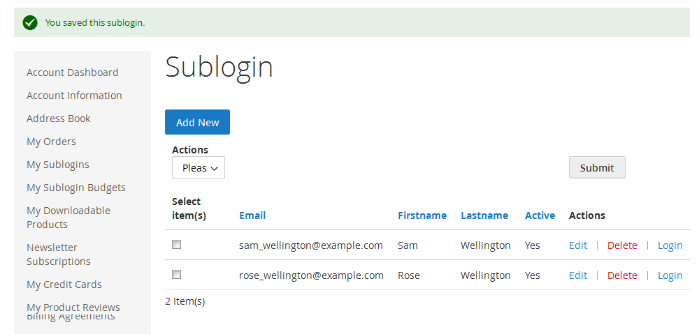 Frontend - Customer added sublogin